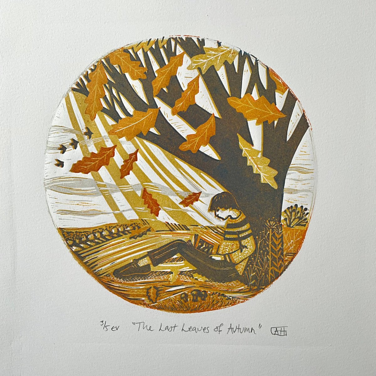 Illustrative Portrait Linocut By Alison Headley, 11 X 15, The Last Leaves Of Autumn, Original Artwork