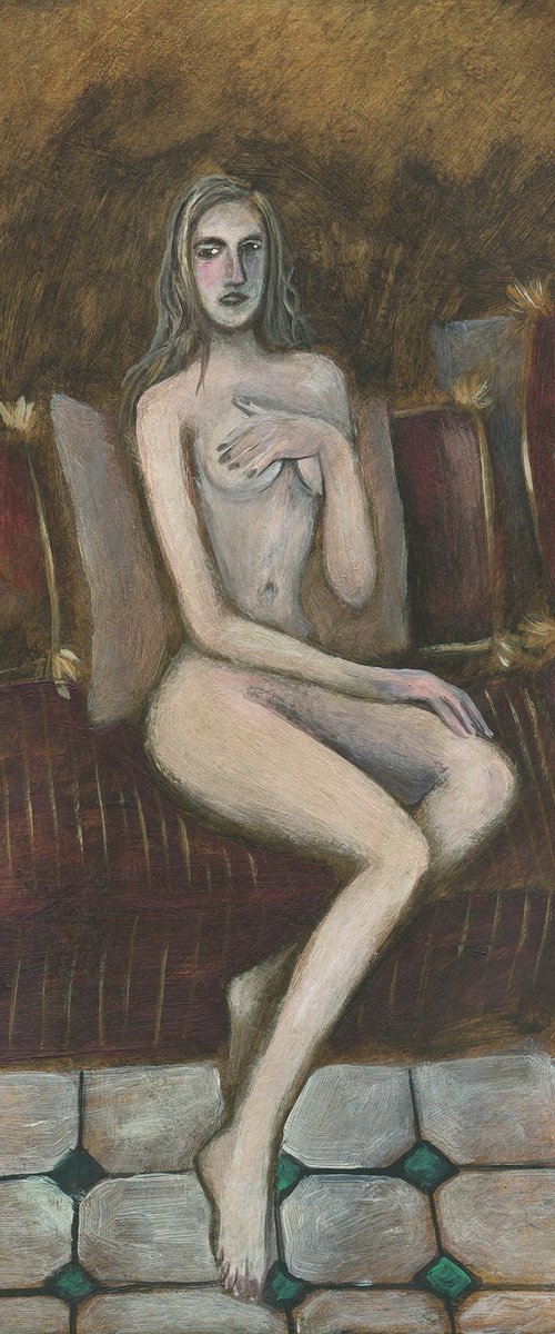 Female Nude On Burgundy Sofa by Anton Maliar