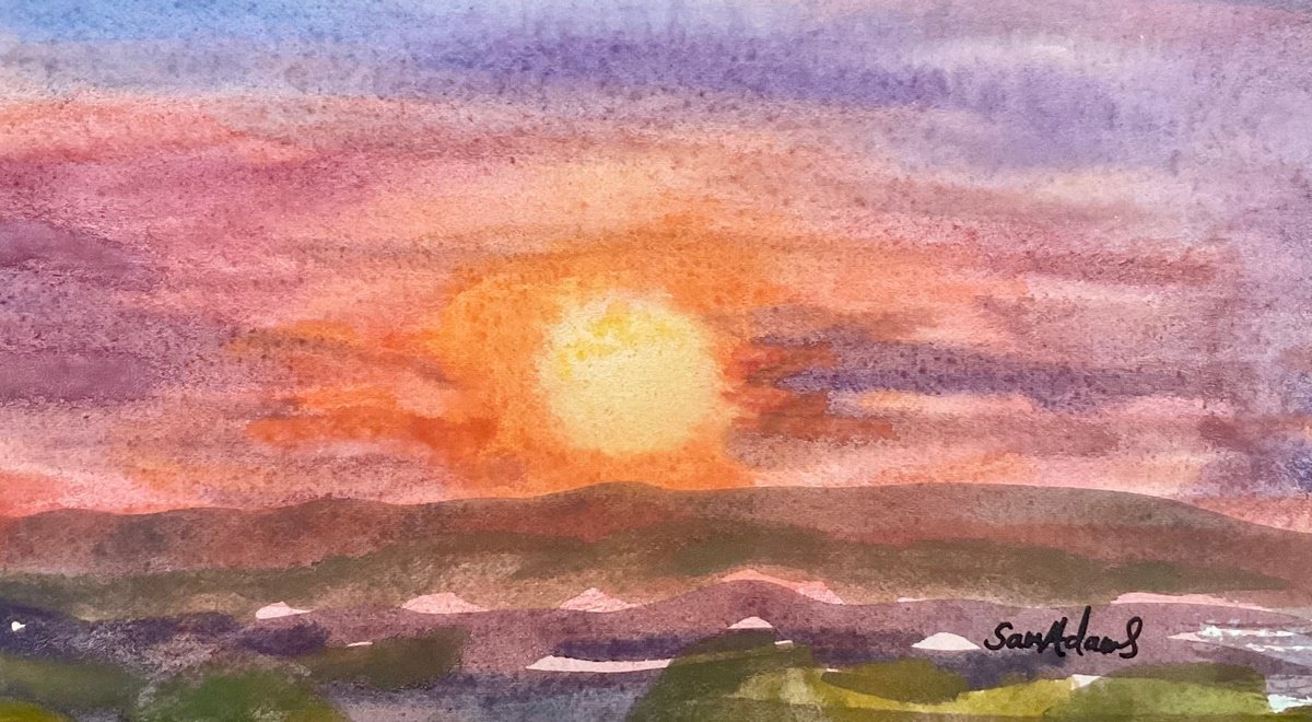 Expressive Landscape Watercolour By Samantha Adams, 8 X 4", North Dorset Sunrise, Original Artwork