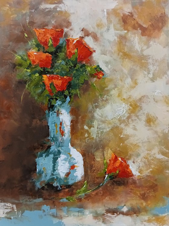 Red roses in blue vase. Still life oil painting