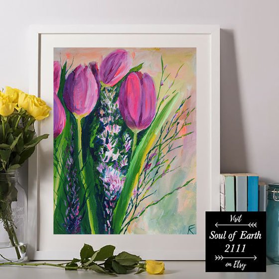 Pink tulips acrylic painting, flower wall art, gift for her