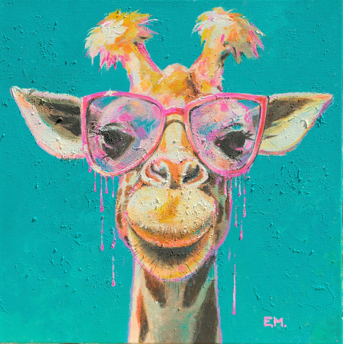 Urban And Pop Animal Acrylic Painting By Eve Mazur, 16 X 16, Pink, Original Artwork