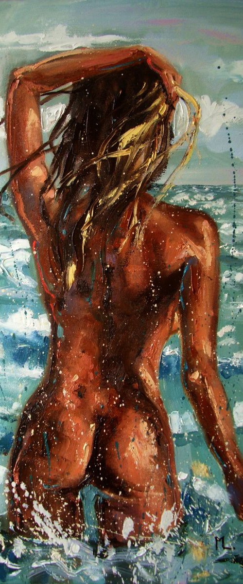" OCEAN NYMPH ... " SEA original painting palette knife GIFT MODERN URBAN ART OFFICE ART DECOR HOME DECOR GIFT IDEA by Monika Luniak