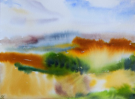 Abstract landscape original watercolor painting, wet in wet technique