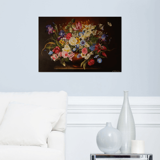 Large Oil Painting Ukrainian Flowers Original Art Contemporary Still life, Dark Floral Fine Art, Moody Flower Wall Decor, Farmhouse Chic Art