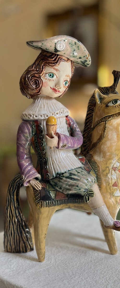 Vintage dressed girl with ice riding horse. by Elya Yalonetski