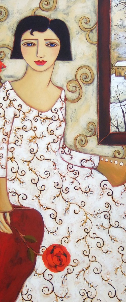 Woman with Winter Landscape by Karen Rieger