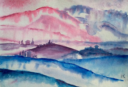 Tuscany Painting Mountains Original Art Hills Watercolor Landscape Artwork Small Wall Art 17 by 12" by Halyna Kirichenko by Halyna Kirichenko