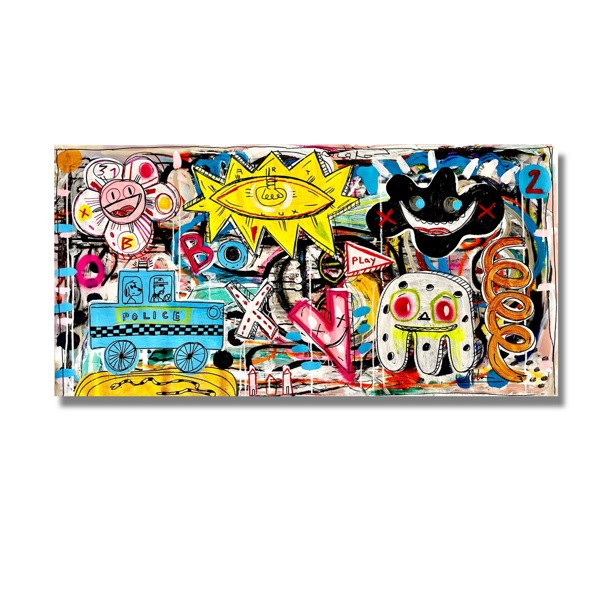 Urban And Pop Acrylic Painting , Play + Police By Mercedes Lagunas, 42 X 22, Artwork For Sale On Artfinder