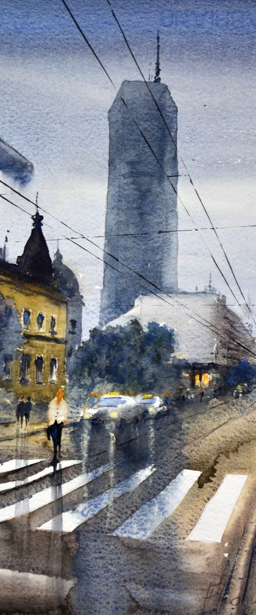 Blue rain before Beogradjanka Belgrade middle size by Nenad Kojić watercolorist