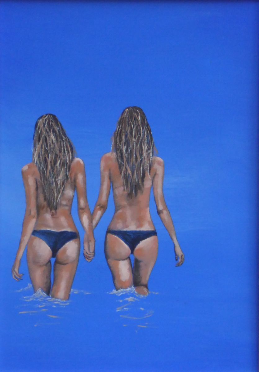 Two Girls Going for a Swim by Mike Dudfield