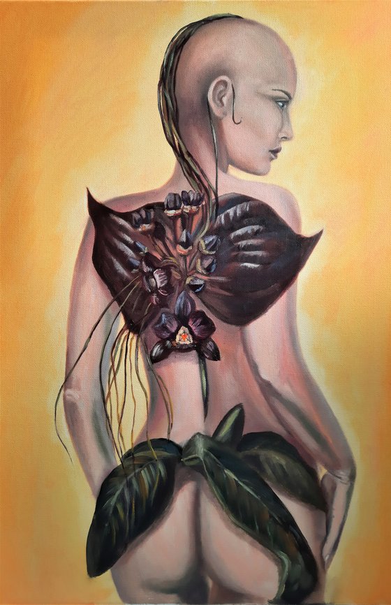 Black orchid-a girl in the image of a beautiful orchid, an interior painting, an oil painting.