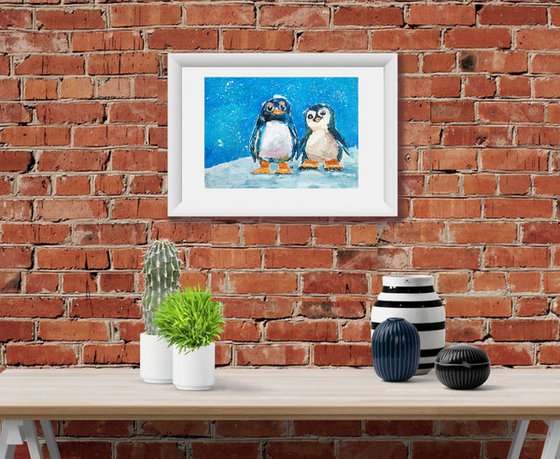 Penguin Couple Bird Small Artwork Snow Landscape