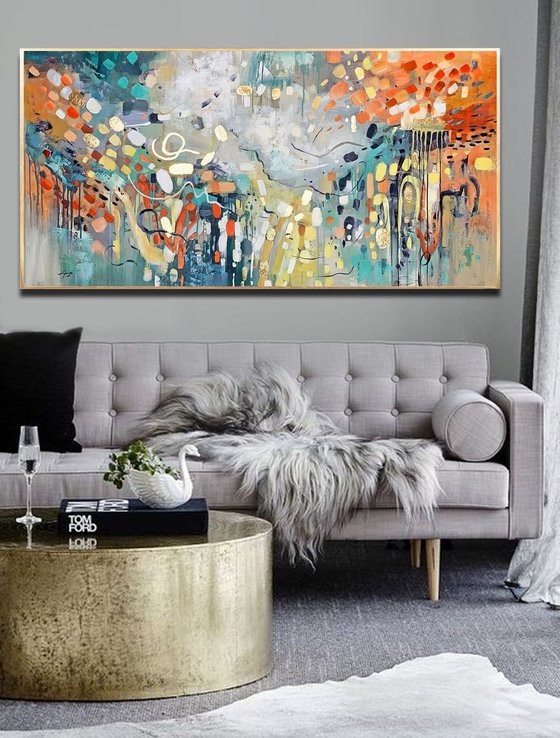 Rebirth - Abstract Painting 60" x 30" Large Abstract Gold Leaf Soft Colors White Gray Painting