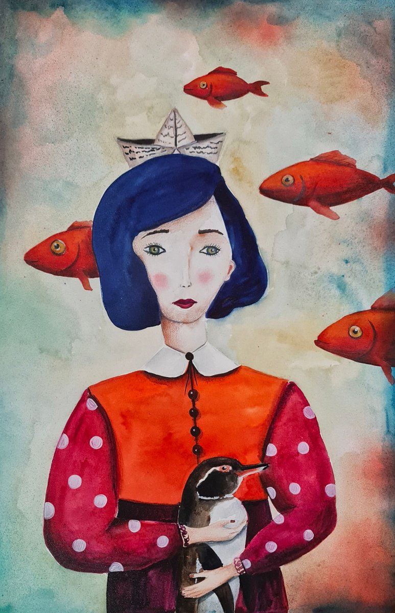 Surrealistic Painting , Daydreamer In Blue By Evgenia Smirnova, 15 X 22, Artwork For Sale On Artfinder