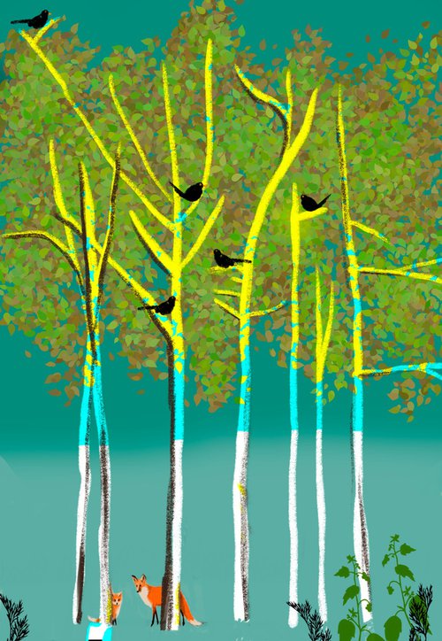 The Blackbirds , cute lovebird tree artwork v2 by Stuart Wright