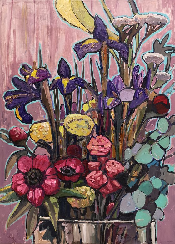 Anemones, irises and eucalyptus Painting