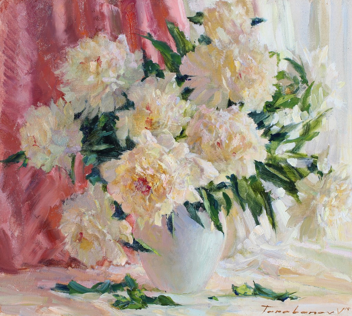 Impressionistic Botanical Oil Painting By Volodymyr Tarabanov, 20 X 18", Vanilla Peonies, Original Artwork