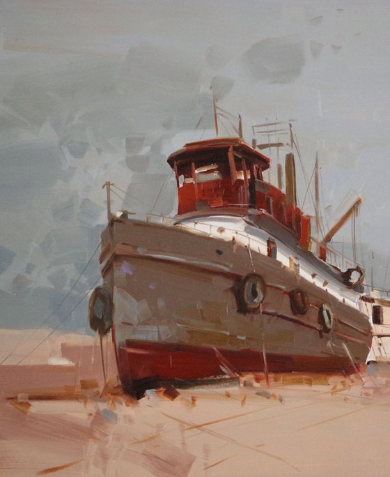Tug on the Shore, Seascape, Original oil painting, Handmade artwork, One of a kind, Signed with Certificate of Authenticity