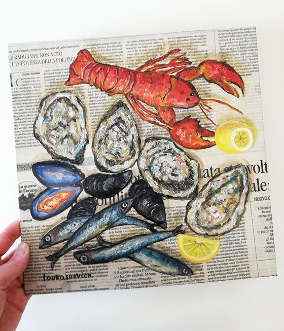 "Seafood on Newspaper" Original Oil on Canvas Board 12 by 12 inches (30x30 cm)