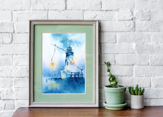 "Evening lighthouse " Original seascape watercolor painting