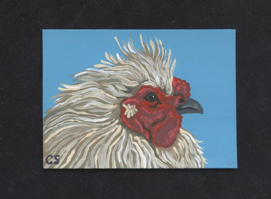 ACEO ATC Original Miniature Painting Fancy Chicken Bird Farmyard Art-Carla Smale