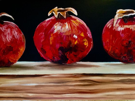 Still life with three Pomegranates fruits still life original oil painting on canvas wall decor