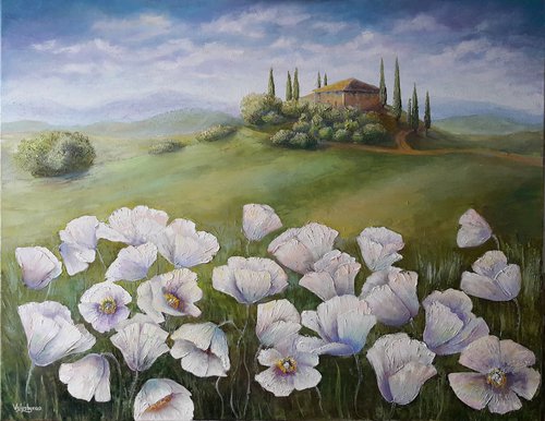 White poppies by Mary Voloshyna