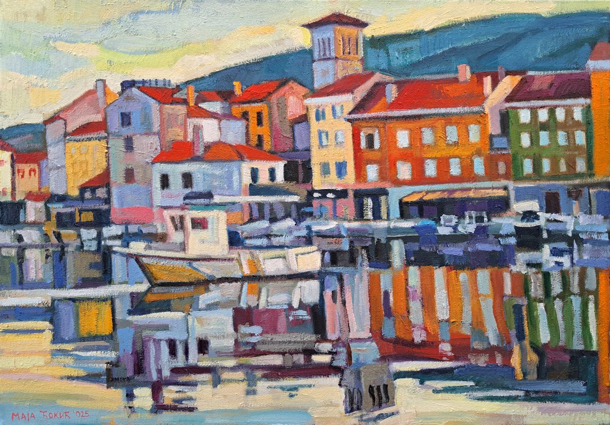 Impressionistic Cityscapes Oil Painting By Maja ?okic Mihajlovic, 20 X 14", Sunset In A Calm Harbor, Original Artwork