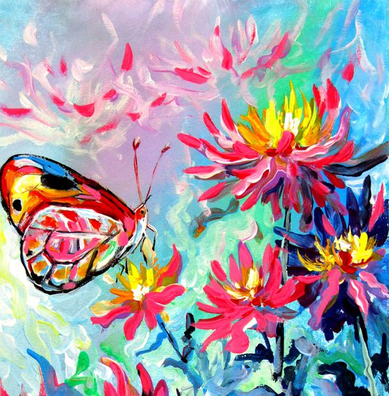 Dahlia flowers with butterfly