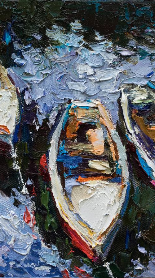 Moored rowing boats #1- Original oil seascape painting by Anastasiia Valiulina