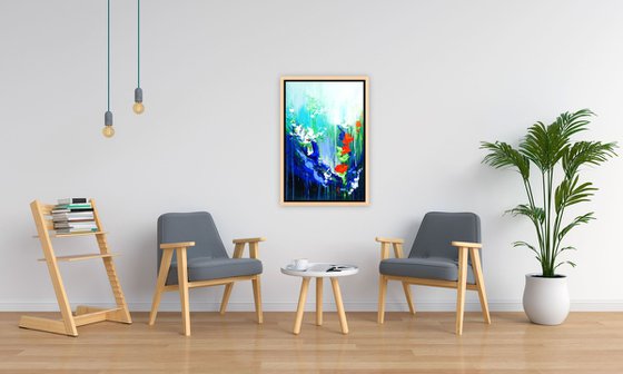 Abstract Flowers Modern Floral Landscape Painting. Blue, Red, Green, Violet, Teal, Abstract Tropical Flowers and Birds. Original Botanical Garden Painting on Canvas. Modern Impressionistic Art