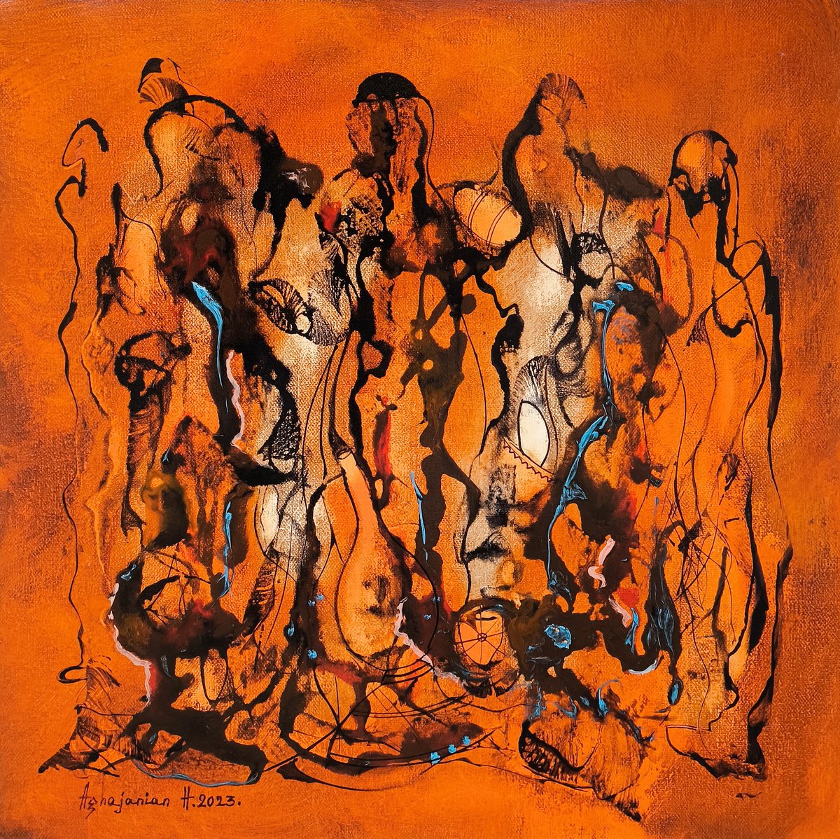 Abstract Portrait Oil Painting By Harutyun Aghajanyan, 20 X 20, Ethereal Gathering, Original Artwork