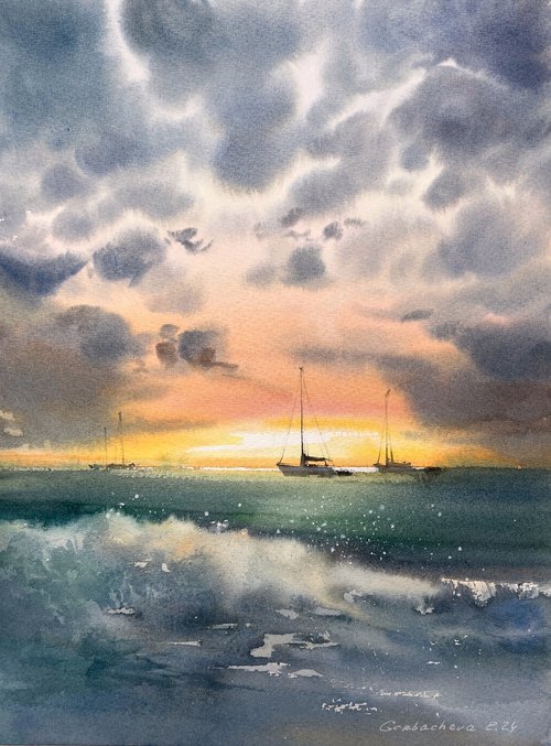 Yachts at sunset #11 by Eugenia Gorbacheva
