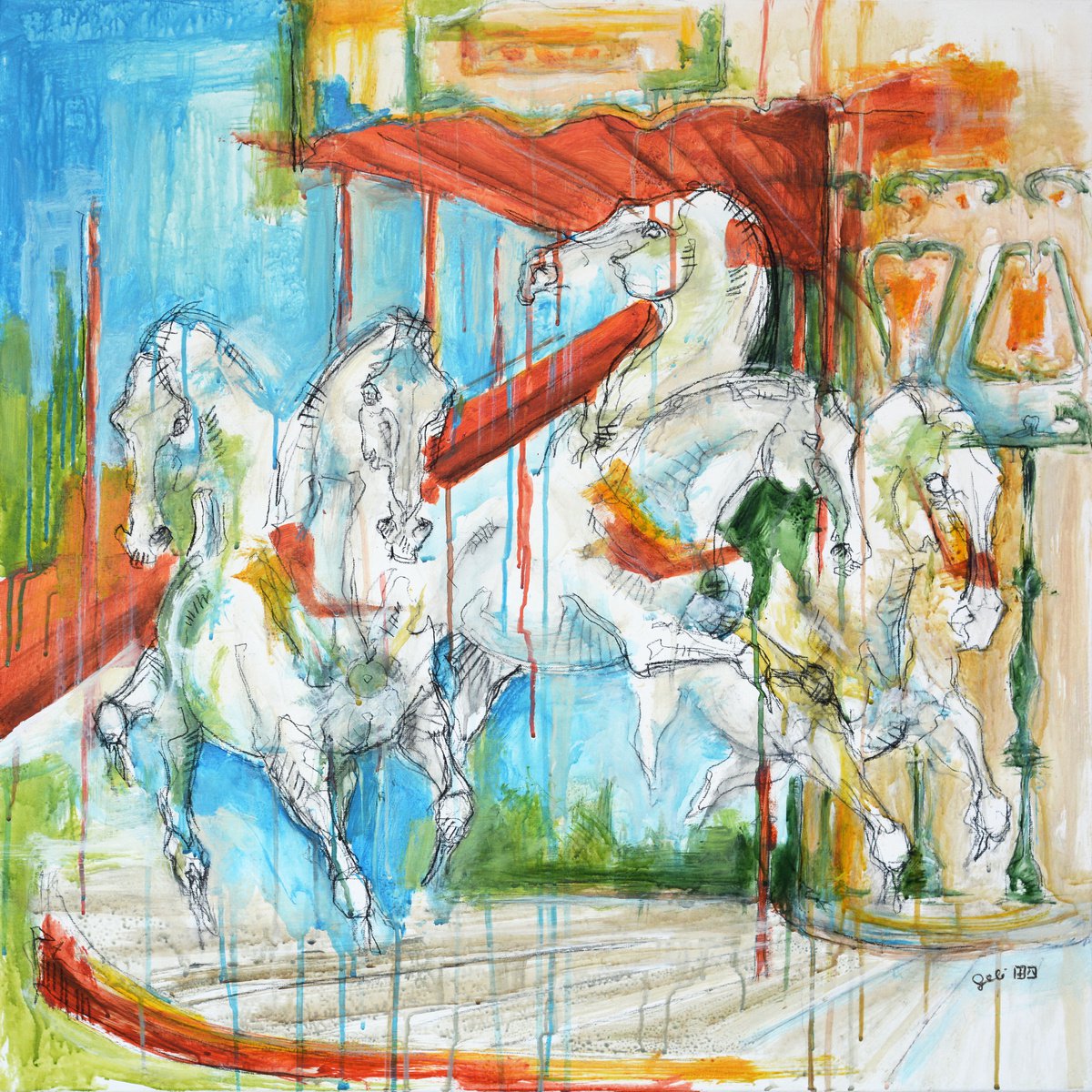 Expressive Animal Painting By Benedicte Gele, 31 X 31, The Carousel, Original Artwork