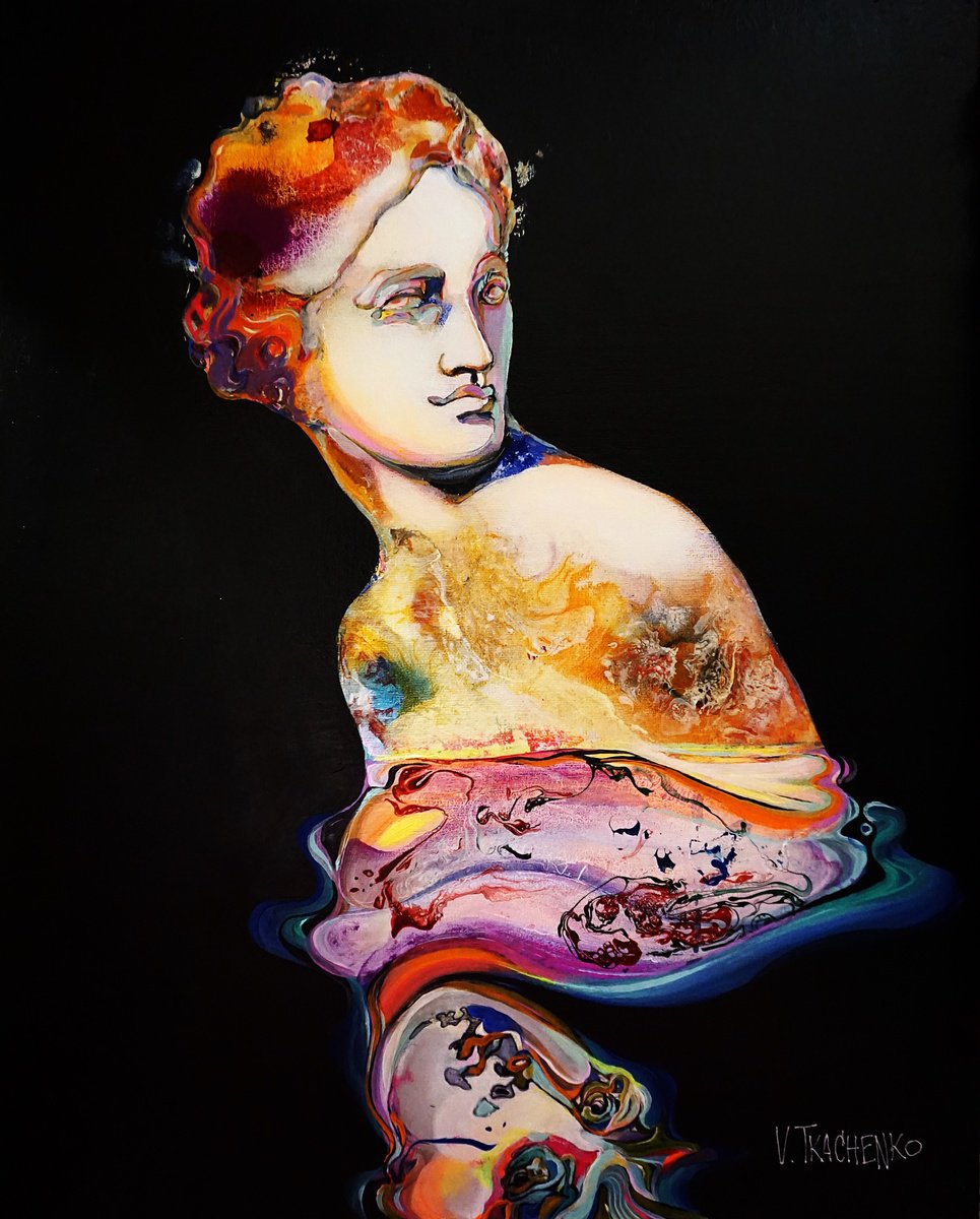 Organic Portrait Acrylic Painting By Victor Tkachenko, 16 X 20", Bathing Venus, Original Artwork