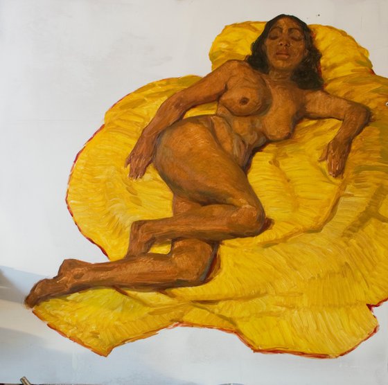 nude woman in yellow black green