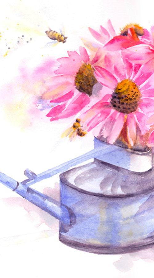 Bees on Echinacea, Bee Painting, Floral watercolour, watercolor, honebee, daisy, flower by Anjana Cawdell