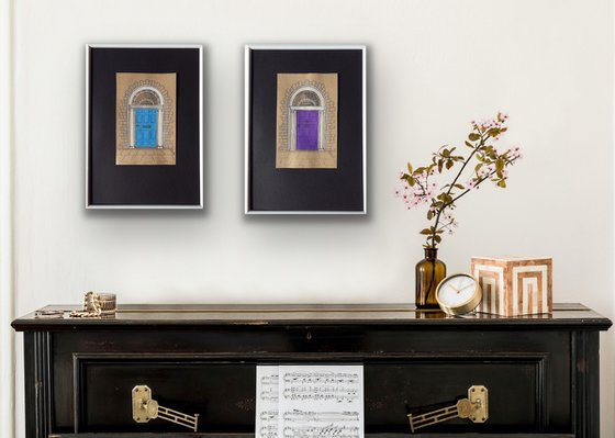 Violet and azure doors - Set of 2 architecture mixed media drawings in frames