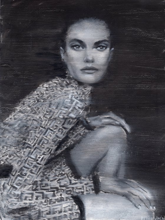 Barbara | Black and white oil painting on paper | fashion muse model woman lady wearing Fendi