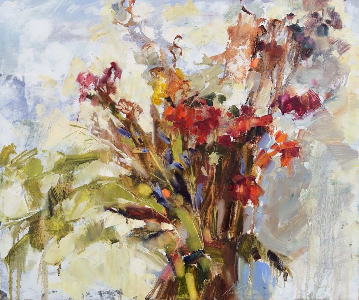 Abstract Botanical Oil Painting By Olha Laptieva, 24 X 20", Expression Of Colors, Original Artwork