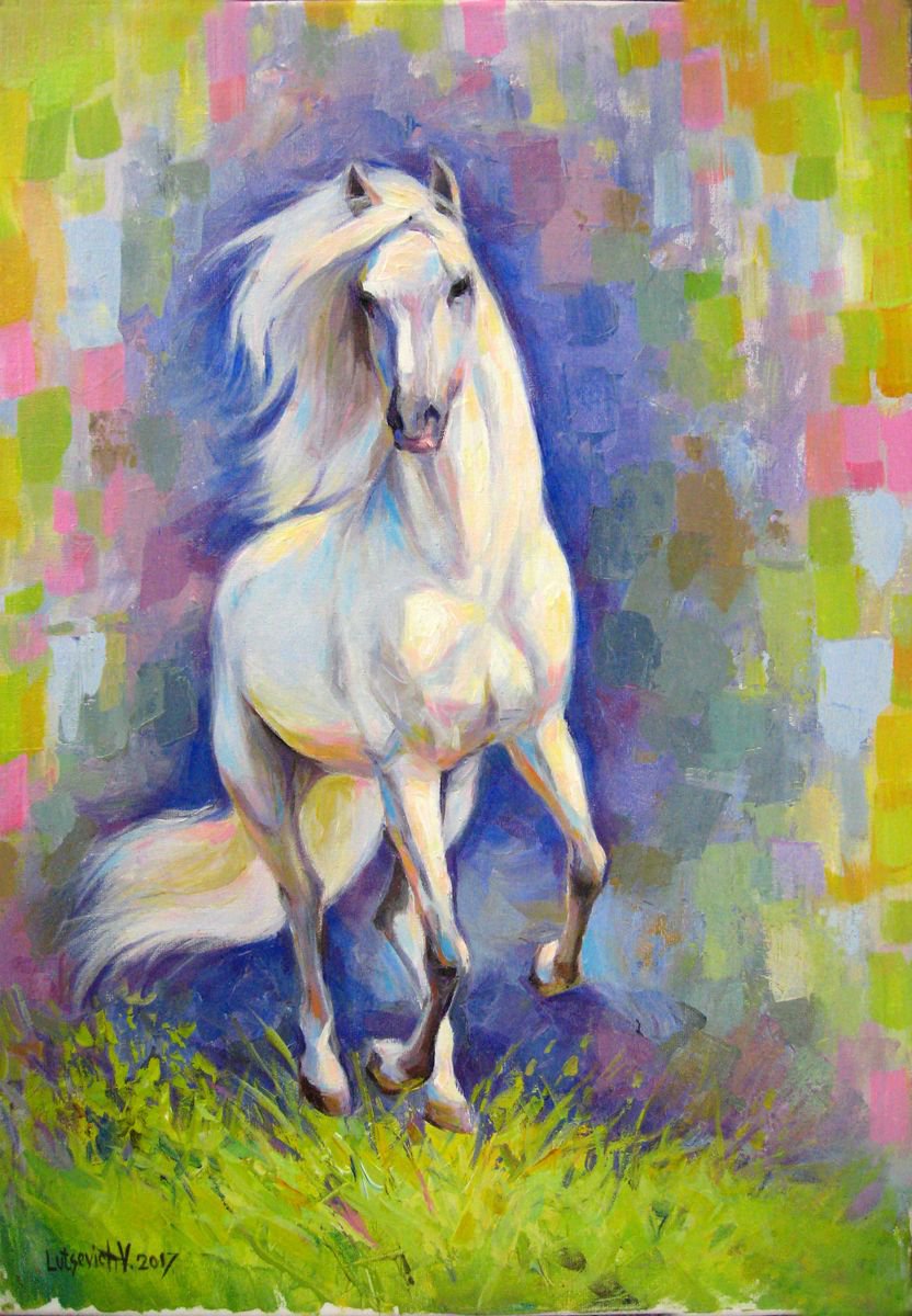 Impressionistic Animal Acrylic Painting By Vladimir Lutsevich, 14 X 20", White Horse, Original Artwork