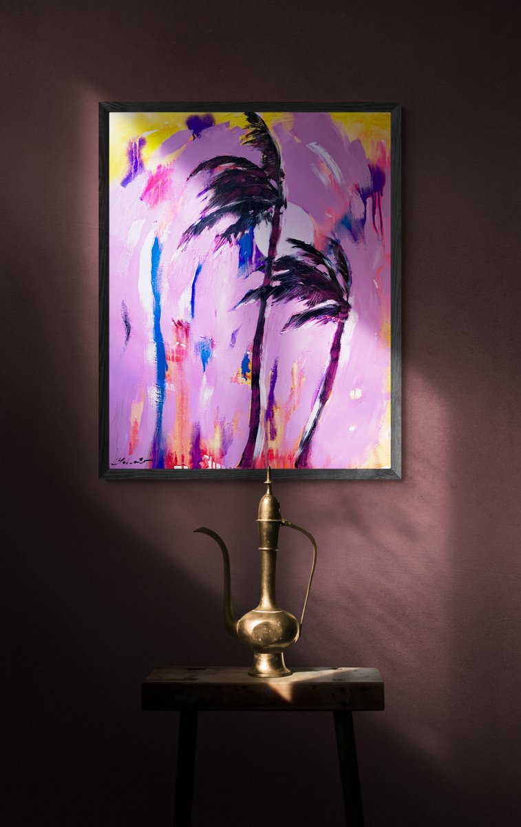 Bright painting - Pink palms - Pop Art - 100x80cm - 2021 by Yaroslav Yasenev