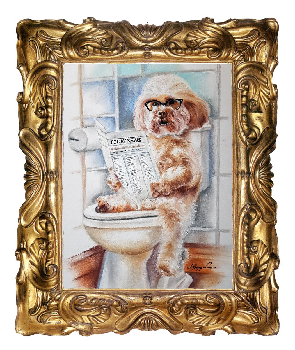 Expressive Animal Painting By Henry Cao, 16 X 20, Dog In Busy Time, Original Artwork