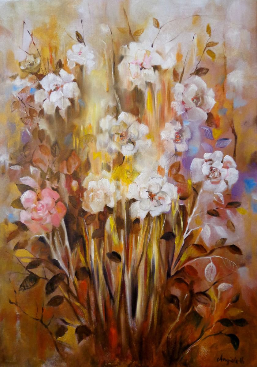 Impressionistic Botanical Oil Painting By Anna Rita Angiolelli, 20 X 28, Flower Fantasy - Original Painting, Original Artwork