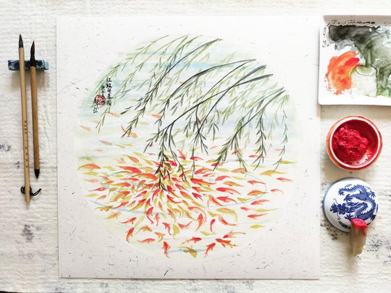 RAN ART - Chinese painting 38*38cm - KOI Fish and leaves