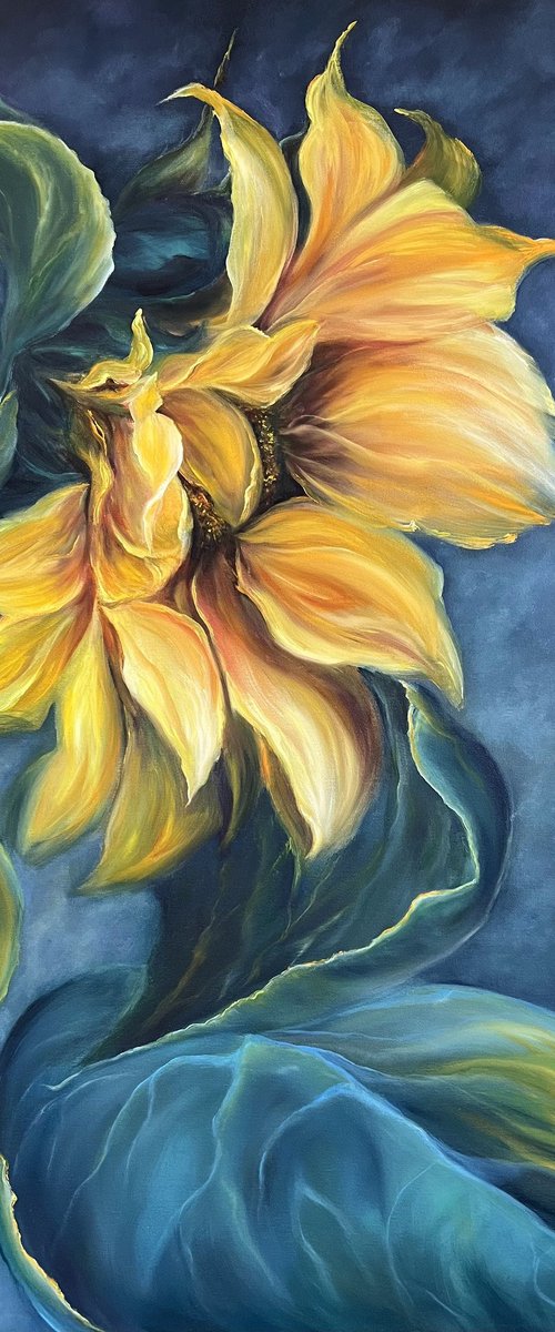 Solar flower, oil painting, original gift, home decor, Flowering, Spring, Leaves, Living Room, leaves, many flowers, flower picture, petals,  delicate flowers, sunflower painting, yellow flower painting by Natalie Demina