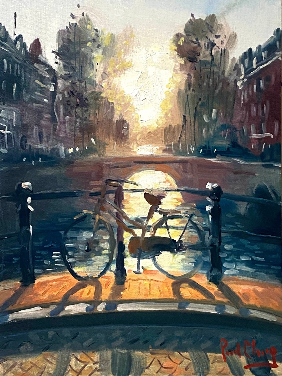 Impressionistic Cityscapes Oil Painting By Paul Cheng, 12 X 16", Amsterdam Evening No.10, Original Artwork