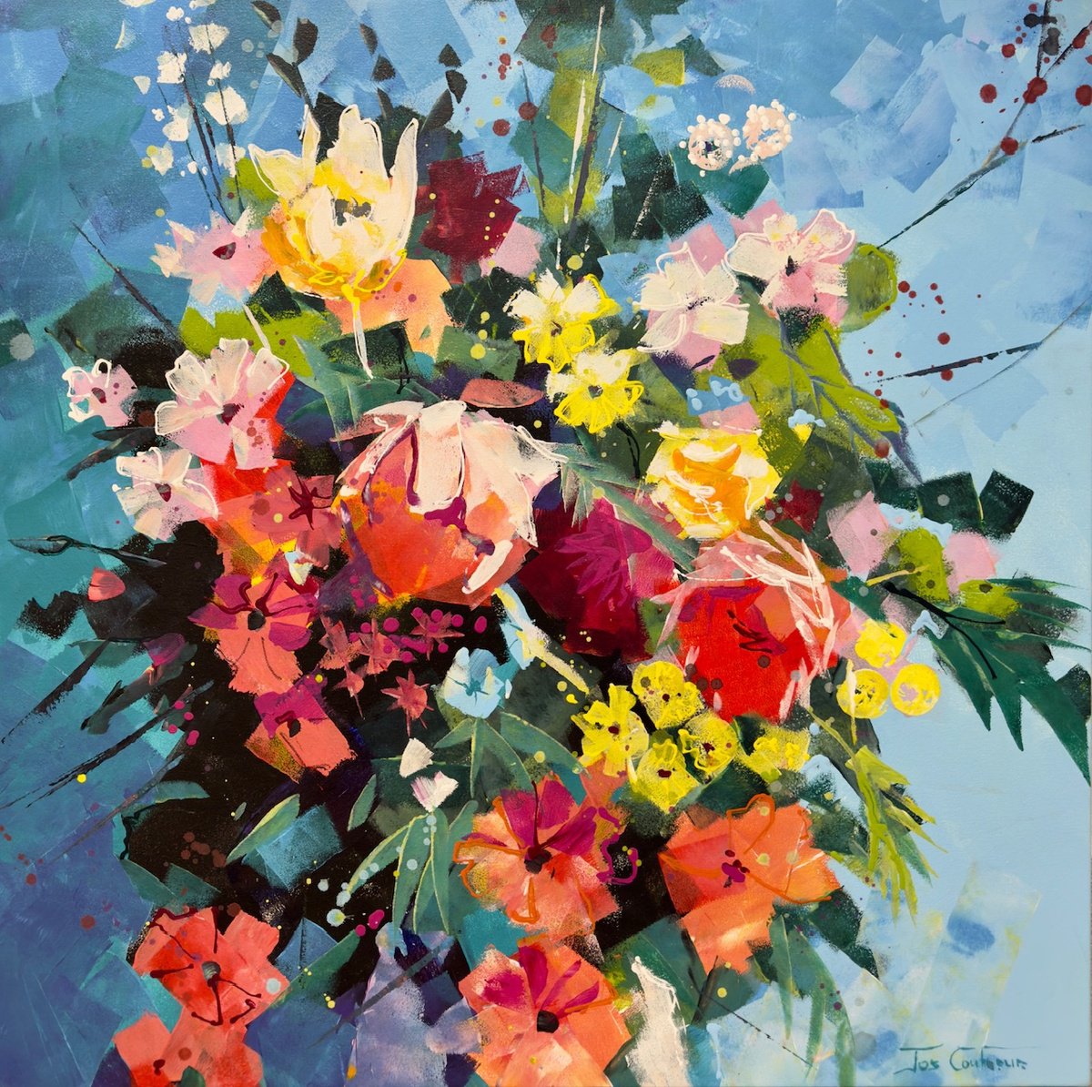 Abstract Still Life Acrylic Painting By Jos Coufreur, 31 X 31, Bloom 8 - Bunch Of Flowers, Original Artwork