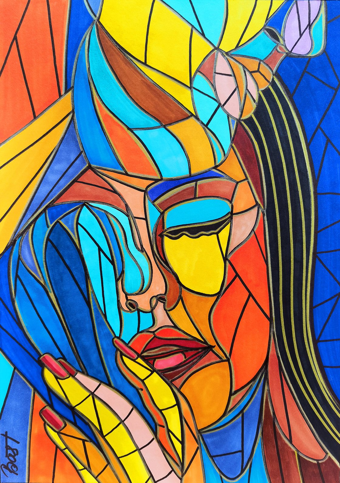 Woman & man abstract art in stained glass cubism style Drawing by BAST ...
